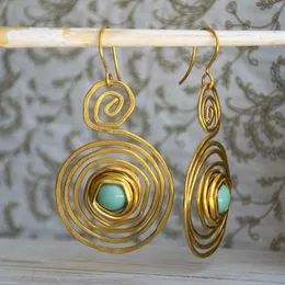 Dangle & Chandelier Ethnic Spiral Imitation Turquoise Drop Boho Earrings For Women Vintage Jewelry Gold Color Metal Hollow Circle EarringDan