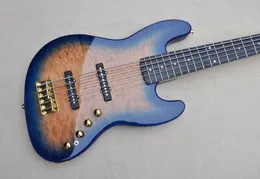 Factory Custom Blue burst Basso elettrico attivo a 5 corde con impiallacciatura in acero trapuntato Tastiera in palissandro punti Fret Inlay Hardware in oro Offerta personalizzata