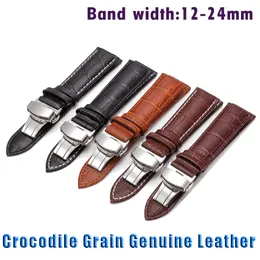 SLUB -mönster Ko läderklocka Band 12 13 14 15 16mm 17 18mm 19mm 20mm 21mm 22mm 24mm Watch Strap Futterfly Buckle Watchband