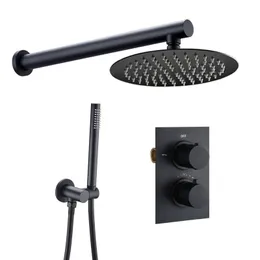 Bathroom Shower Set Matte Black Rain Shower Faucet Wall or Ceiling Mounted Thermostatic Valve System 8-12"Shower Head