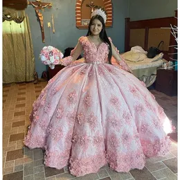 Księżniczka Puffy Quinceanera Sukienki różowe aplikacje z koraliki z długim rękawem Aabic Ball Sukni