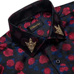 Men's Casual Shirts Arrival Men's Floral Long Sleeve Blue Red Turn-Down Collar Shirt With Golden Lapel Pin Male Blouses ClothingMen's