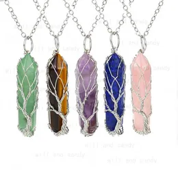 Baum des Lebens Naturstein Kristall sechseckige Halskette Glücksbaum Tigerauge Edelstein Amethyst Rosenquarz Anhänger Halsketten für Damen Herren Modeschmuck