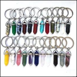 Anahtar halkalar doğal taş altıgen prizma sier renk iyileştirici pembe kristal araba dekoru anahtar sahibi anahtarlıklar kadınlar için m bebek Dhwyc