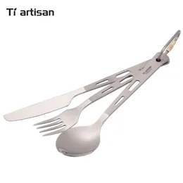 Flatvaruuppsättningar tiartisan kök tillbehör Pure Titanium Cutery Set Spoon Fork Knife Home Ultralight Dinner Setflatware