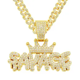 Pendant Necklaces Hip Hop Full Crystal Crown SAVAGE Necklace With Iced Out 13mm Miami Cuban Chain Choker Fashion Icy Jewelry Drop
