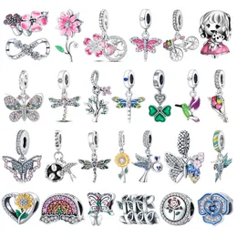 925 Silver Charm Beads Dangle Color Spring Flower Flower Charms Dragonfly Butterfly Pendant Bead Fit Pandora Charms Bracelet Diy Jewelry Exclies
