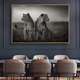 Poster e stampe di animali selvatici di leone africano in bianco e nero Paesaggio su tela Pittura Arte Natura Immagine da parete per soggiorno