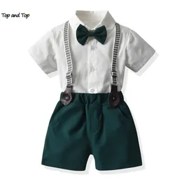 och toppmode småbarn barn pojkar gentleman kläder set formella vita korta ärmskjortor med bowtieoveralls casual kostymer 220615