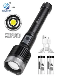 Super Power XHP360 LED 손전등 알루미늄 합금 토치 텔레스코픽 줌 모험 캠핑 라이트 지원 전원 출력