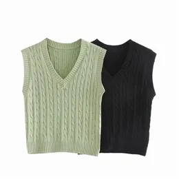Kvinnor toppar grön svart fast stickad ärmlös vneck tröja avslappnad lös stil kvinnlig kvinna kläder 201221
