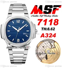 MSF 7118 A324 Automatiska damer Womens Watch Blue Textured Dial rostfritt stål Armband Super Edition Watches Puretime