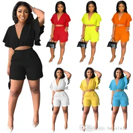 كشكش قصير V-tops Tops Summer Womentracksuits Street Trend Trend اثنين من مجموعات المصمم جولة رقبة قصيرة الأكمام شورتات S-XXL