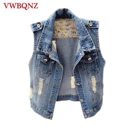 Single Breasted Women Denim Jacket Vest Short Outerwear Large size Sleeveless Slim Hole Jeans Jacket Waistcoats Casual Tops 6XL 220715