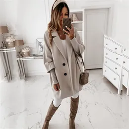 2020 Autumn Winter Woolen Blends Women Blazers Solid Casual Button Loose 3 4 Sleeve Office Lady Blazer Long Coat Tops Outerwear LJ201106