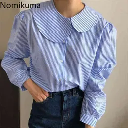 Nomikuma Striped Women Blouse Sweet Peter Pan Collar Korean Sweet Shirt Spring Causal Puff Sleeve Blusas Mujer 6E003 210401