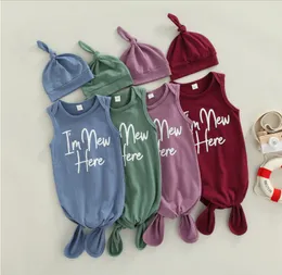 Summer Baby Sleeping Bags Cap Sets Neonato Infante senza maniche Lettera Stampa annodata Swaddle Wrap Gown con cappello 2pcs Abiti Set M4084