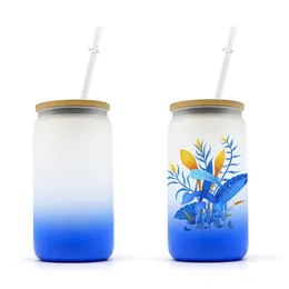 12oz 16oz 25oz Sublimation Glass Water Bottle Beer Mugs Gradient Can Shaped Glass Cups Tumbler Drinking Glasses With Bamboo Lid And Reusable Straw