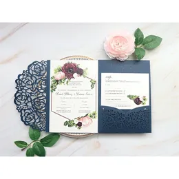 10 pieceslot Laser Cut Rose Navy Blue Wedding Invitation TriFold Customized Birthday Greeting Card With Reply Cards IC132 220711