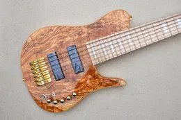 Fabriksanpassad naturlig träfärg 6-sträng elektrisk basgitarr med Spalted Maple Veneer Maple Fingerboard Neck-Thru-body Erbjudande anpassad