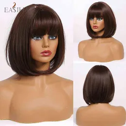 Easyihair koyu kahverengi kısa bobo peruk patlamalarla ısıya dayanıklı sentetik saç cosplay lolita kadınlar için kadın 220525