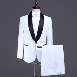 Mäns Boutique Single Button Black Collar Suit Pants 2 st Set / Manlig Slim Professional Blazers Jacket Coat Trousers 220409