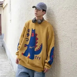 Mężczyźni Hip Hop Sweater Pullover Streetwear Japońskie dinozaur druk dzianin sweter retro vintage Autumn Hiphop Swatters Jumper 201203
