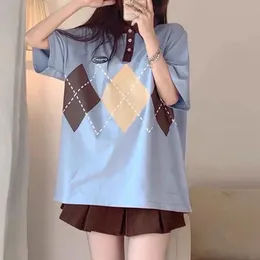 Kadın Polos Pamuk Japon Retro Rhombus Baskı Gömlek Tshirt Kadınlar Kısa Kollu Spor Öğrenci Koleji Tarzı Gevşek All Maç Ins Summ