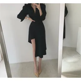 Klänningar Höst Casual Retro Chic Slim High Waist Temperament Ol Black Lapel Långärmad Oregulärt Skjorta Klänning Vestidos Mujer 220317