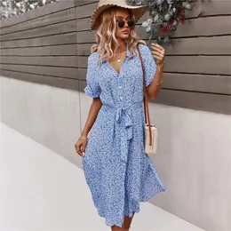 Spring Women Ladge Summer Disual Floral Print Beach Vintage Button Holiday Ladies Chic Dresses Vestidos 220707