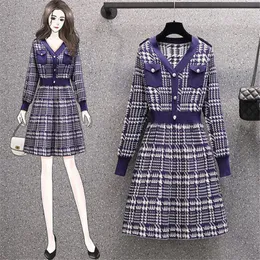 Casual Dresses Purple Houndstooth Women Vintage Temperament Sweater Dress Pocket V-Neck Mid-Length Oversized0846
