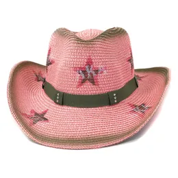 Cappello di paglia da cowboy stile occidentale Donna Uomo Primavera Estate Cappello di protezione solare da spiaggia a tesa larga per esterno con stella stampata