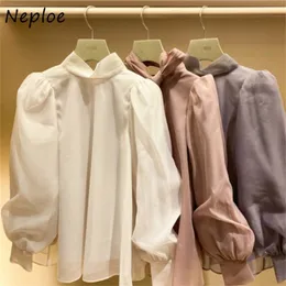 Neploe Sweet Stand Collar Puft Sleeve Chiffon 셔츠 가을 일본 일본 스타일의 스타일 올무 여성 블라우스 세련된 활 드로 스트링 블루사 210401