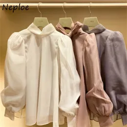 Neploe Süße Stehkragen Puff Sleeve Chiffon Hemd Herbst Japan Stil Allmatch Frauen Bluse Chic Bogen Kordelzug Blusas 210401