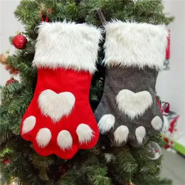 Christmas Stockings Home Decoration Accessories Plaid Christmas Gift Bags Pet Dog Cat Paw Hanging Stocking Socks Xmas Tree Ornaments