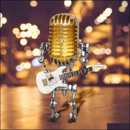 마이크 기타 로봇 램프 홈 장식 레트로 정원 장식품 증기 펑크 야외 안뜰 조명 수지 동상을위한 드롭 배달