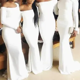 White Mermaid Evening Dresses African Girls Wedding Bridesmaid Party Gowns Formal Long Sleeves Satin Elegant Plus Size Special Occasion Dress Simple 2022
