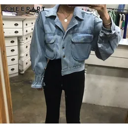 CHEERART Short Denim Jacket Women 3D Pocket Button Down Blue Jean Coats Loose Cropped Autumn Fashion 201026