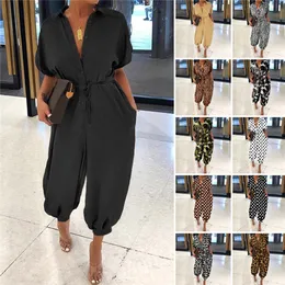 13 färger Kvinnor Jumpsuits Rompers V-Neck Casual Jumpsuit Kvinnor Kort ärmknapp Löst stor storlek lång överaller mode kvinnlig