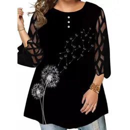 5XL 6XL Plus Size Blouse Women Autumn Three Quarter Mesh Sleeve Printed Elegant Tunic Tops Loose Oversized Ladies Shirt Top 220526