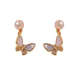 14k Gold Plating Zircon Shell Farterfly Ear Studs Natural Freshwater Pearl Earrings White Lady/Girl Fashion Wedding Jewelry