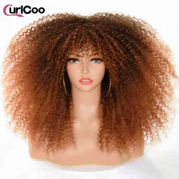 Short Hair Afro Kinky Curly Wigs With Bangs For Black Women African Synthetic Ombre Glueless Cosplay Blonde Rurple Red Wig 220707