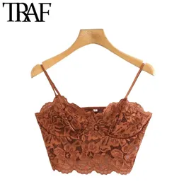 Traf Women Sexy Fashion with Lace Croped Tank Top Vintage Rygglös justerbar tunn rem Kvinna Camis Chic Topps 220514