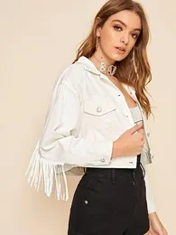 Kvinnorjackor Stylish Fringe pärlstav Löst vit denimjacka kappa Kvinnor Höst mode långärmad avslappnad ytterkläder veste femme abrigo muj