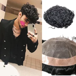 22 mm Curly's Peruki ludzkie włosy Super trwałe mono tupee mężczyzn Proteza kapilarna System wymiany włosów dla mężczyzn #1B Kolor 8x10 '' 7x9 ''
