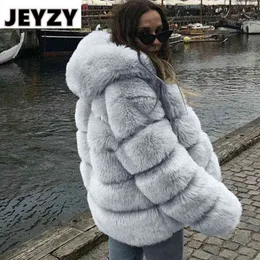 고급 디자인 후드 가짜 모피 코트 재킷 여성 2019 겨울 두껍게 따뜻한 외투를 두껍게합니다. 우아한 푹신한 모피 재킷 여성 T220810