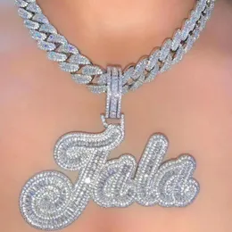 Custom Baguette Letter Pendant Iced Out Bling Square CZ With Rope Chain Necklace Charm Hip Hop Jewelry