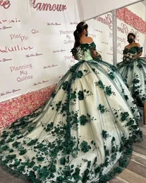 Nane Yeşil Kapalı Omuz Quinceanera Elbiseler Boncuklu 3D Çiçekler Dantel Korse Prenses Tatlı 15 Balo Elbise Mezuniyet Promu