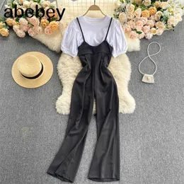 Women Summer College Style Suits Puff Sleeve O Neck Lace Toppselastic Ruched Strap Wide Leg Rompers Two Piece Set 210715