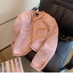 新しい秋のファッション女性のOネックツイードウールシングル胸ピンクカラージャケットコートプラスサイズカサコSML
